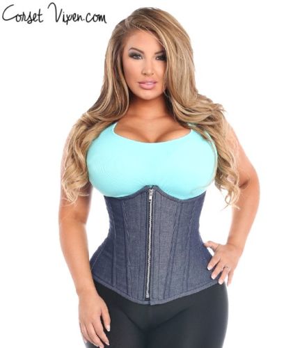 Zipper Denim Blue Steel Boned Underbust Corset