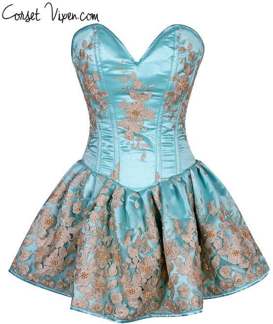 Elegant Floral Embroidered Steel Boned Short Corset Dress (Color: Aqua)