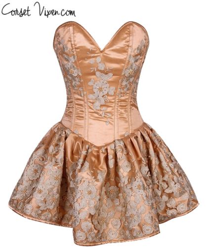 Elegant Floral Embroidered Steel Boned Short Corset Dress (Color: Gold)
