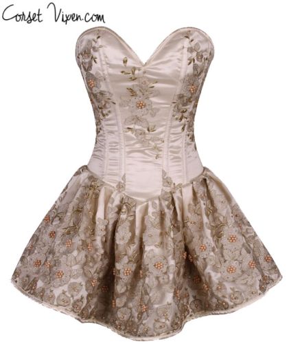 Elegant Floral Embroidered Steel Boned Short Corset Dress (Color: Ivory)