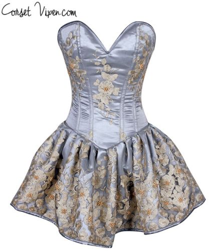 Elegant Floral Embroidered Steel Boned Short Corset Dress (Color: Light Blue)