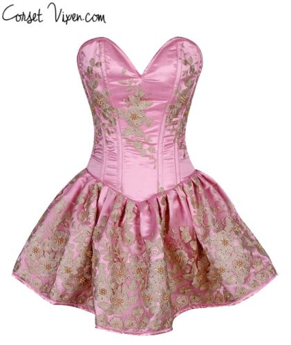 Elegant Floral Embroidered Steel Boned Short Corset Dress (Color: Pink)
