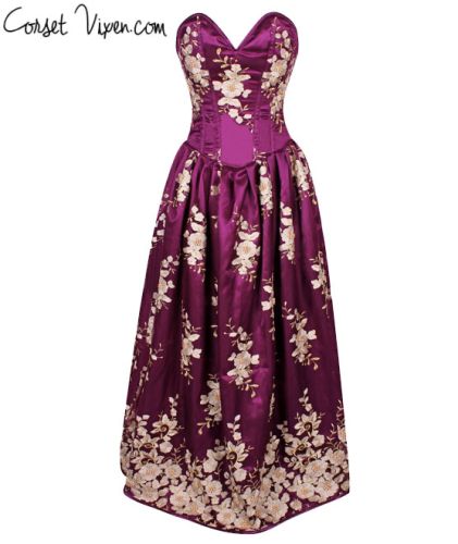Floral Steel Boned Long Corset Dress (Color: Plum)