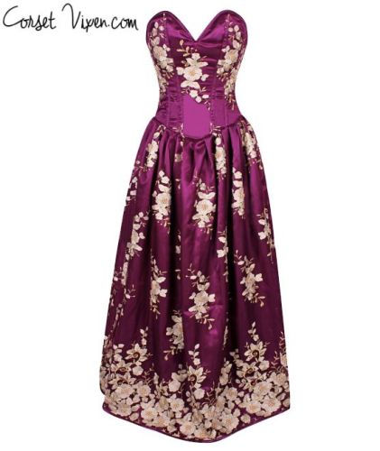 Floral Steel Boned Long Corset Dress (Color: Plum)